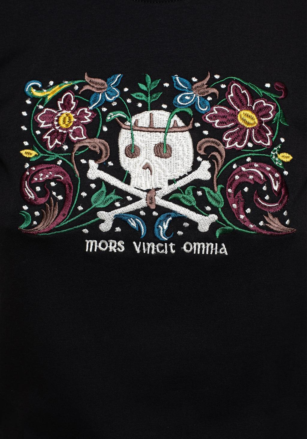 Death Conquers All Floral Skull Embroidered Graphic Crop Tee Product Image