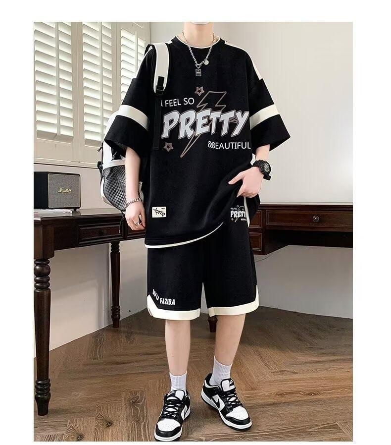 Set: 3/4-Sleeve Crew Neck Mock Two-Piece Two Tone Lettering Print T-Shirt + Drawstring Waist Wide Leg Sweat Shorts Product Image