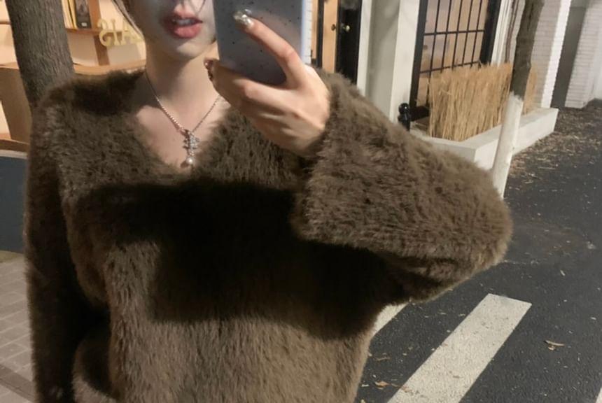 Oversized Faux-Fur V-Neck Sweater Product Image