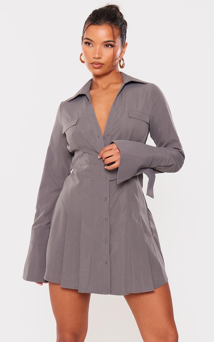  Charcoal Cotton Poplin Pleated Flared Sleeve Shirt Dress Product Image