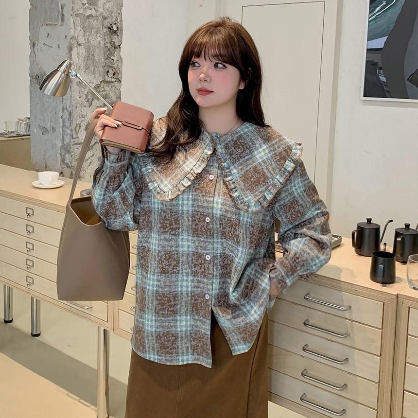 Plus Size Long-Sleeve Plaid Ruffle Shirt Product Image