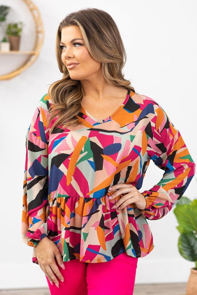 Pink Multicolor Abstract Print V-Neck Top Product Image