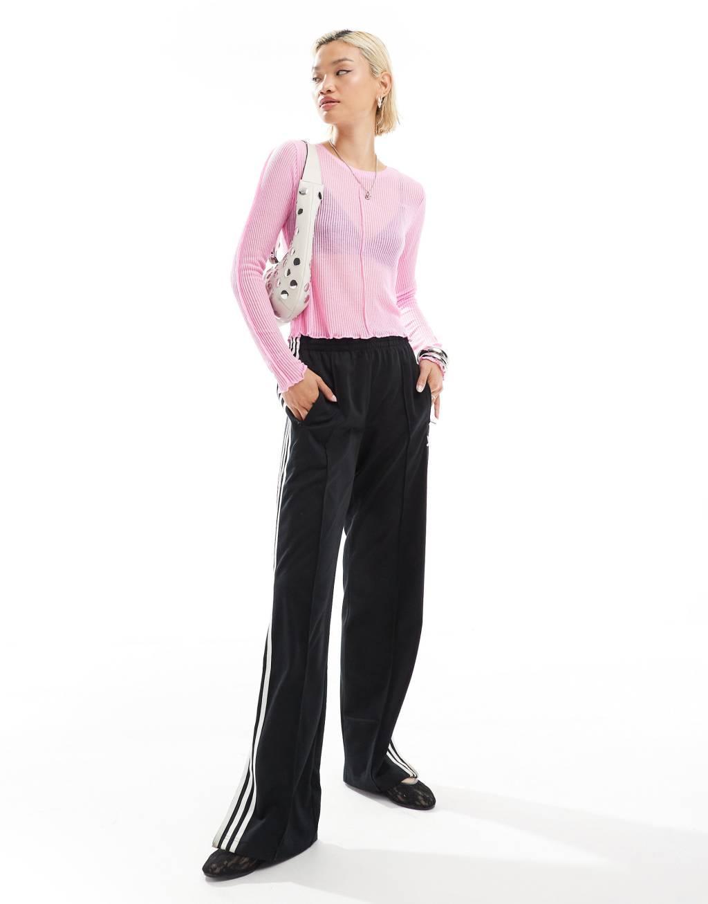 ONLY long sleeve lettuce hem sheer top in pink Product Image