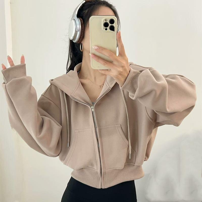 Plain Crop Zip-Up Hoodie Product Image