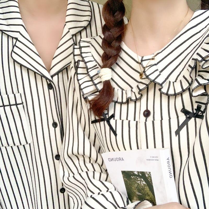 Couple Matching Pajama Set: Long-Sleeve Striped Button-Up Top + Pants (Various Designs) Product Image