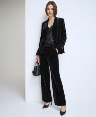 Calvin Klein Womens Velvet One Button Blazer Sequin Camisole Wide Leg Pants Product Image