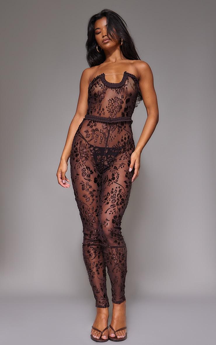 Brown Devore Mesh Bandeau Jumpsuit Product Image