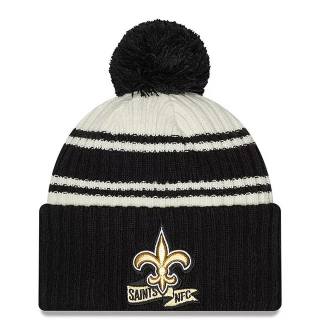 Mens New Era Cream/Black New Orleans Saints 2022 Sideline Sport Cuffed Pom Knit Hat Product Image