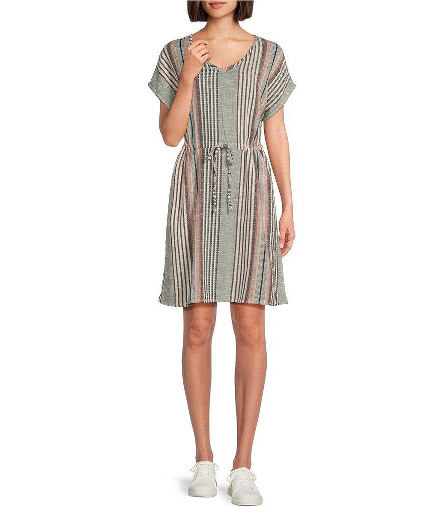 Aventura Selma Woven Organic Cotton Stripe Print V-Neck Short Dolman Sleeve Drawcord Waist Dress Product Image