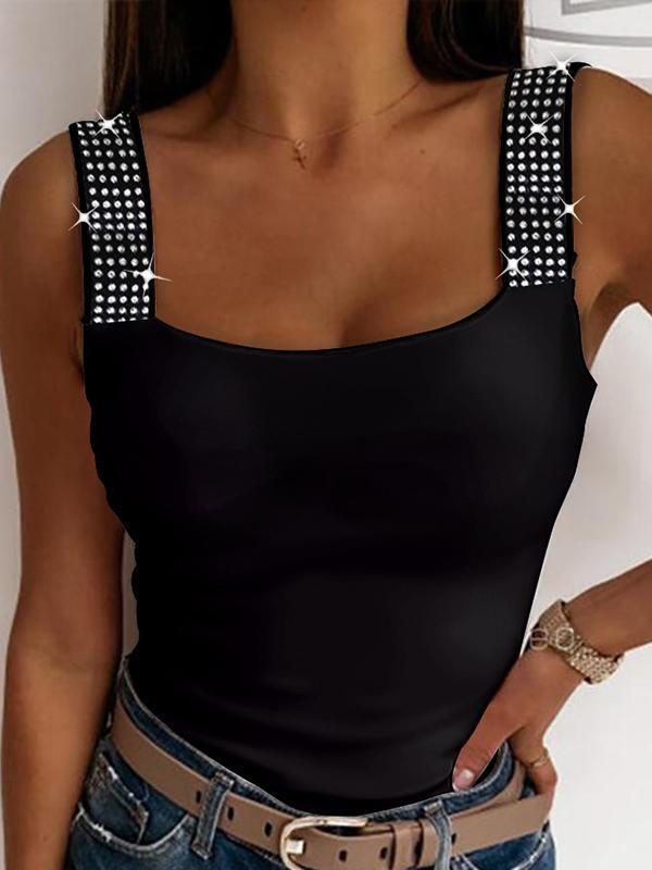 Skinny Sleeveless Elasticity Rhinestone Split-Joint Spaghetti-Neck Vest Top Product Image