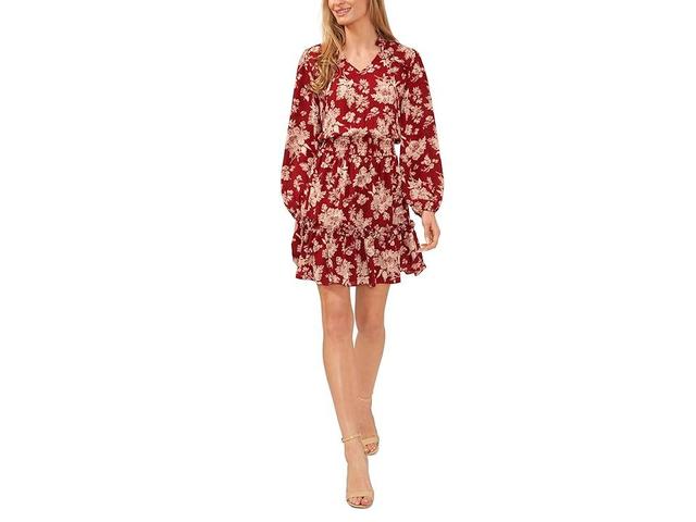 CeCe Georgette Floral Toile V-Neck Long Sleeve Smocked Waist Dress Product Image