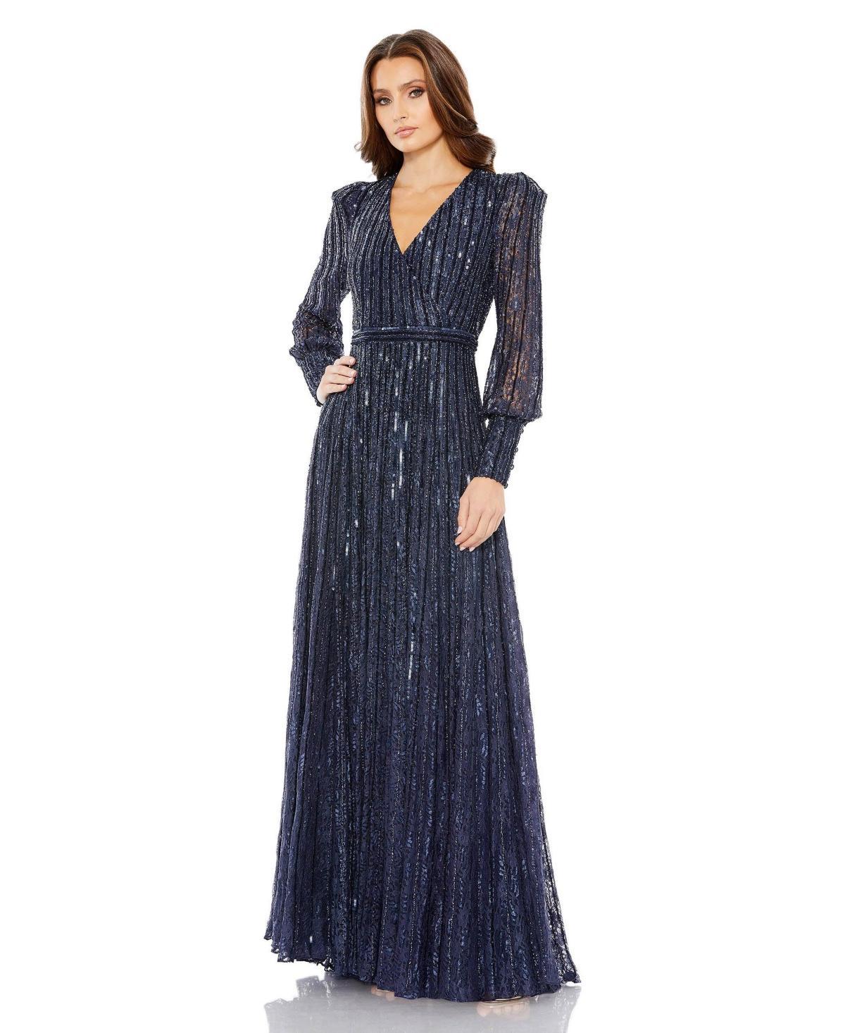 Womens Beaded Lace Long Sleeve Wrap Over Gown Product Image