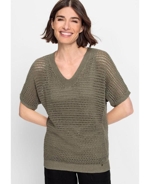 Olsen Womens Linen Blend Short Sleeve Open Knit Pullover Product Image