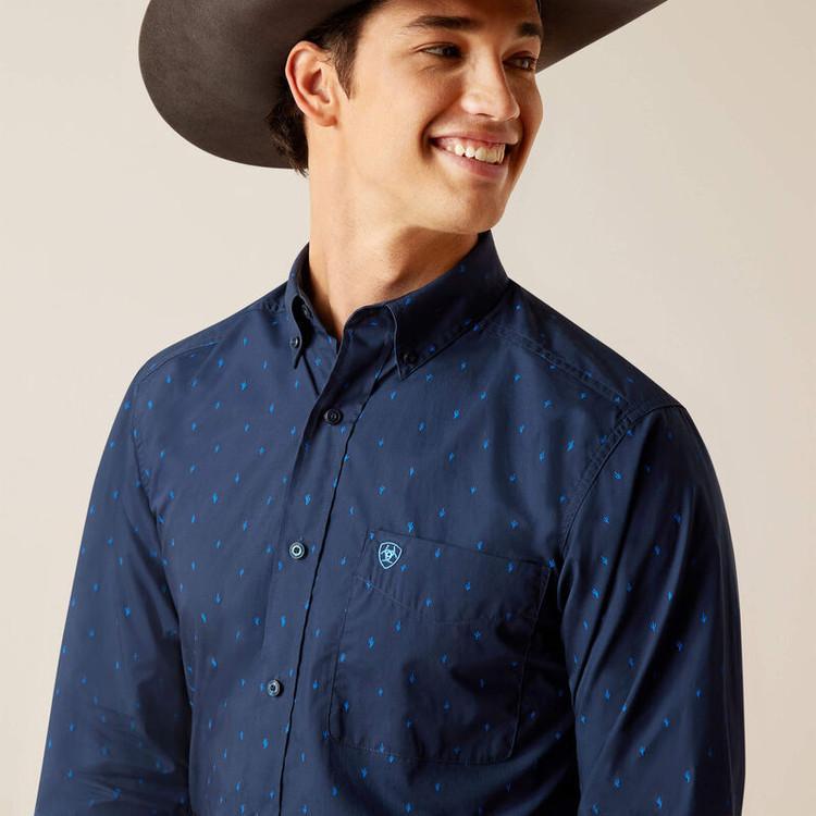 SALE Ariat® Men's L/S Pollerd Fitted Shirt - Navy with Blue Cactus Print SIZE 2XL Product Image