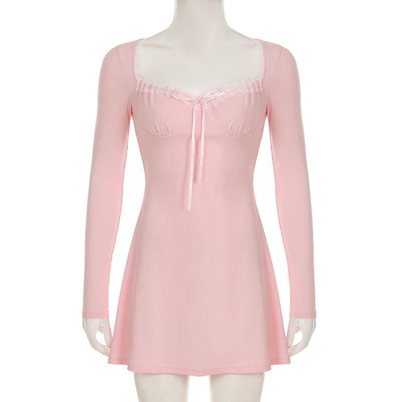 Long-Sleeve Sweetheart-Neckline Lace Trim Mini A-Line Dress Product Image