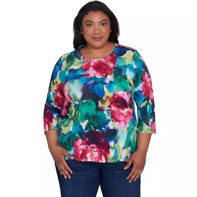 Plus Size Alfred Dunner Watercolor Floral Embellished Neck Top, Womens Product Image