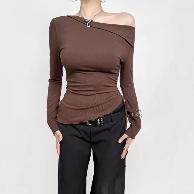 Long-Sleeve One-Shoulder Plain Drawstring Asymmetrical Tee Product Image