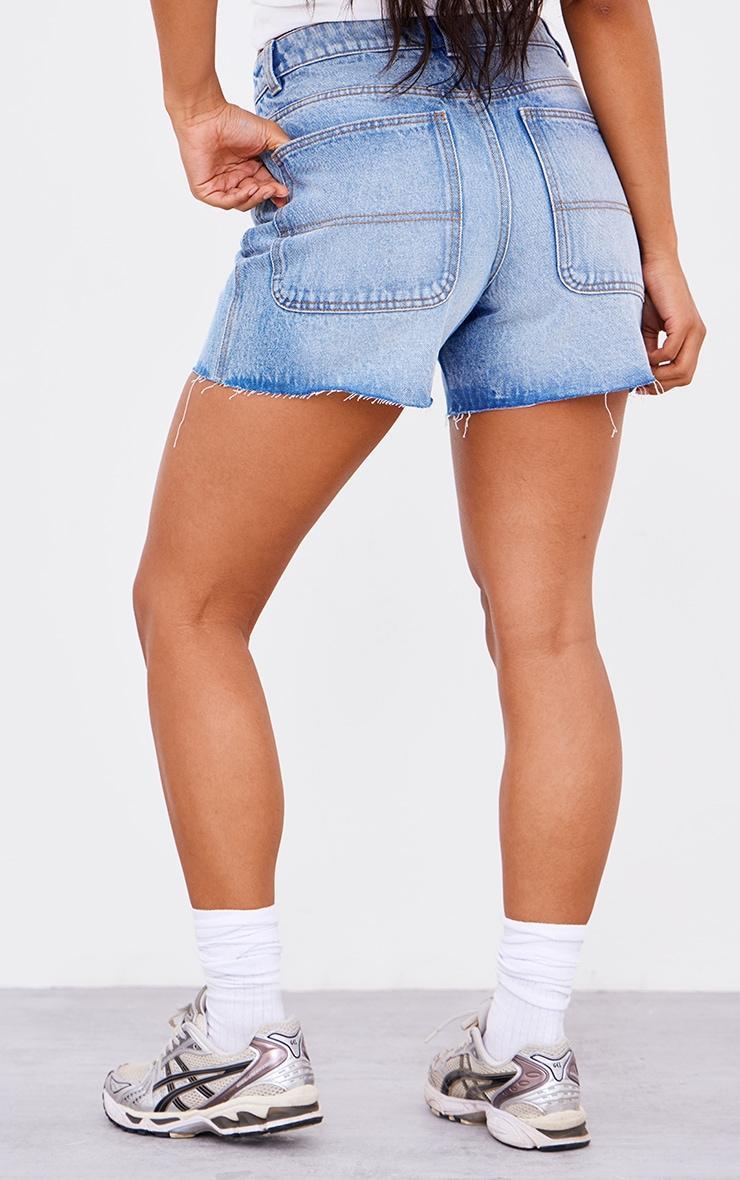 PRETTYLITTLETHING Mid Blue Wash Raw Hem Boyfriend Denim Shorts Product Image