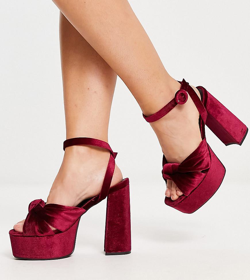 ASOS DESIGN Wide Fit Natia knotted platform heeled sandals in burgundy Product Image