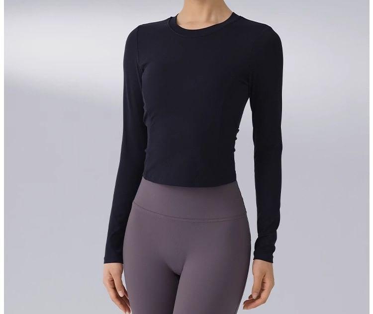 Long Sleeve Crew Neck Plain Cutout Sport Crop Top Product Image