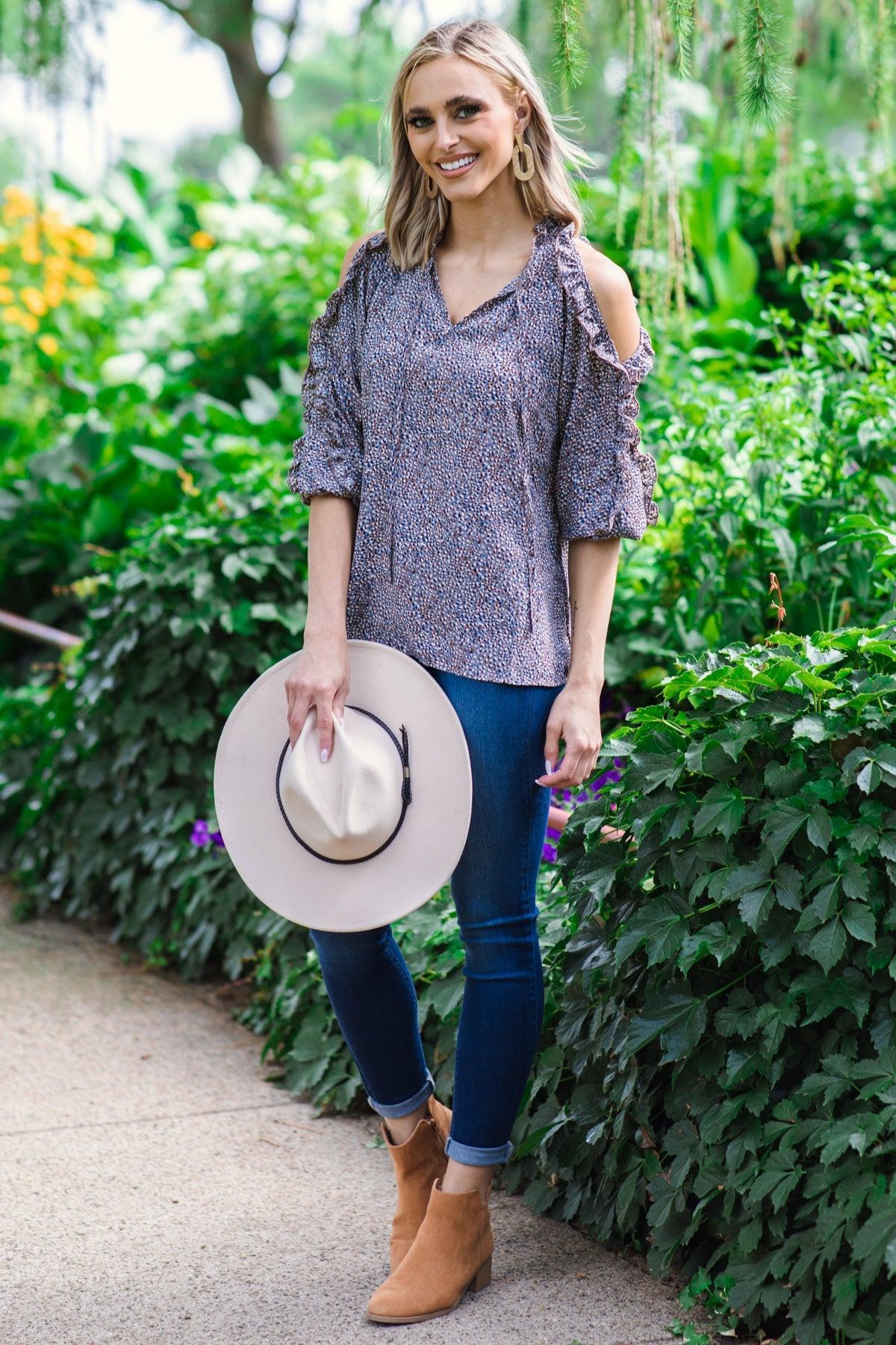 Mocha Multicolor Ditsy Floral Cold Shoulder Top Product Image