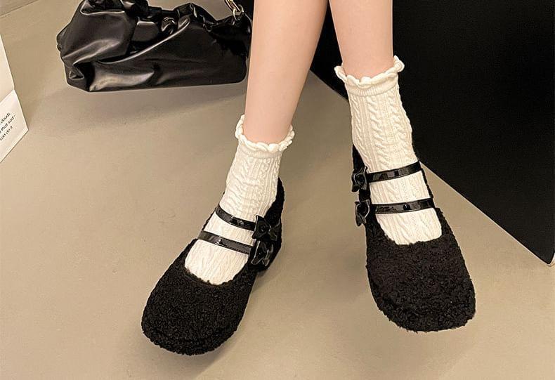 Bow Fleece Platform Chunky Heel Mary Jane Shoes Product Image