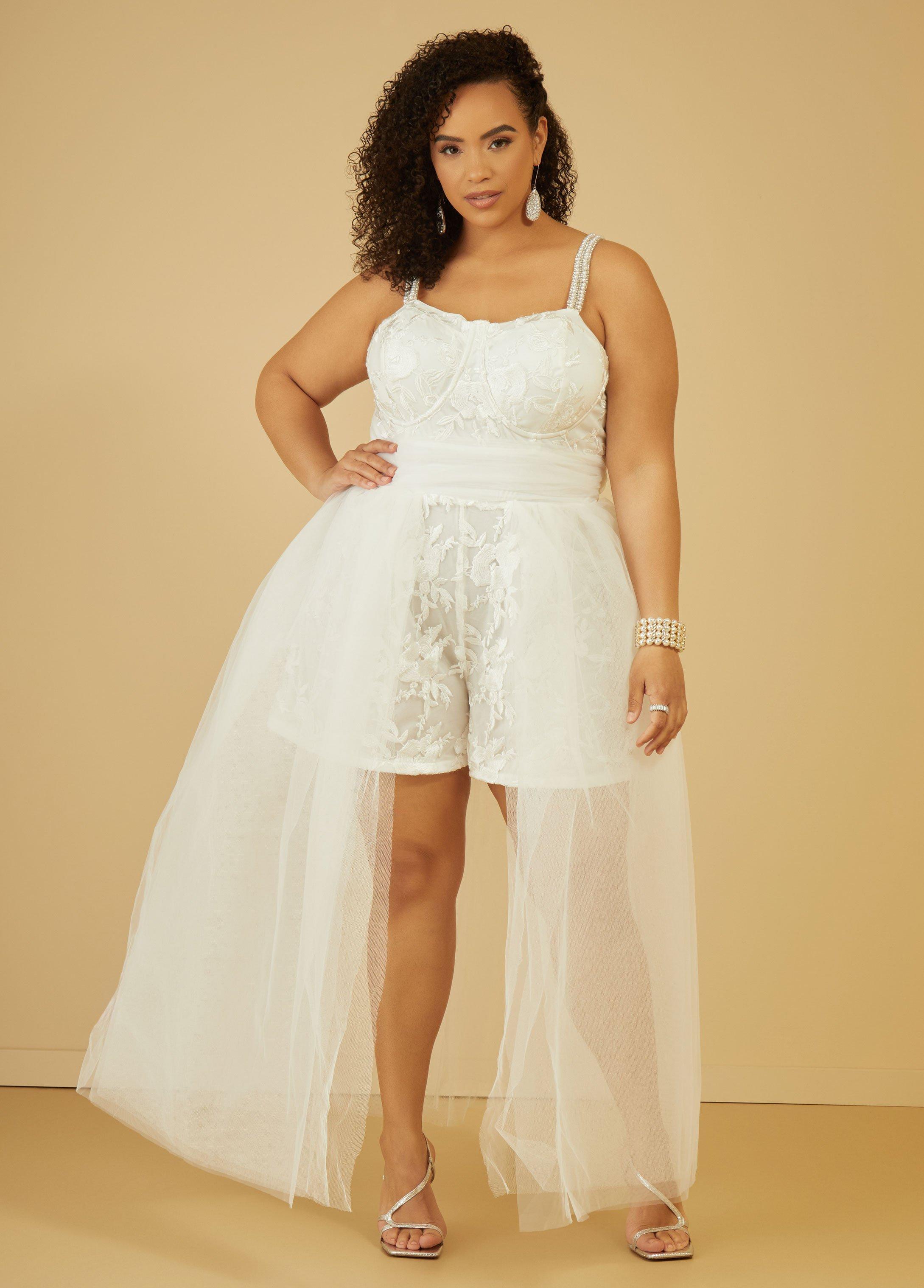 Plus Size Embroidered Tulle Train Romper, - Ashley Stewart Product Image