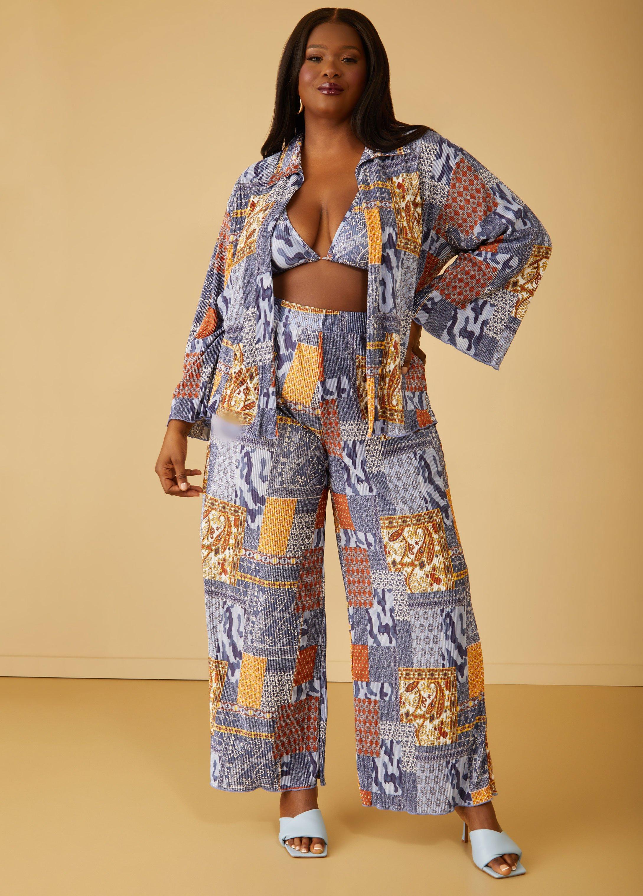 Plus Size Printed Plisse Wide Leg Pants Ashley Stewart Product Image