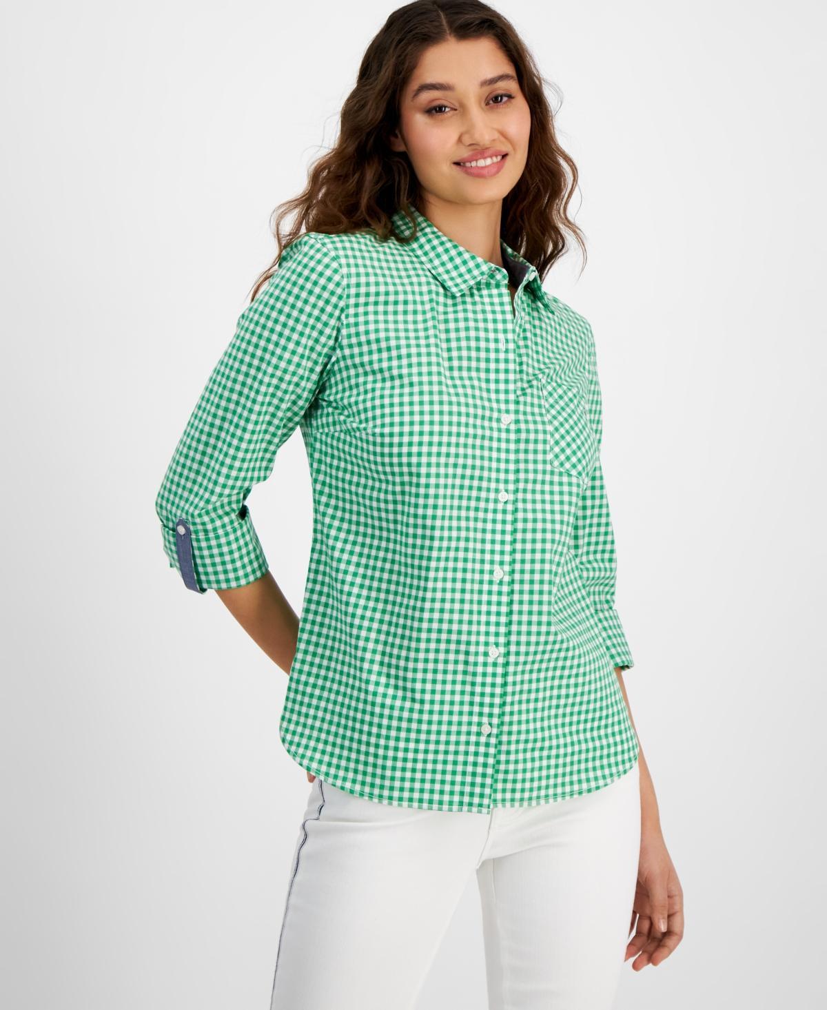 Tommy Hilfiger Womens Cotton Gingham Roll-Tab Shirt - Scarlet/ Product Image