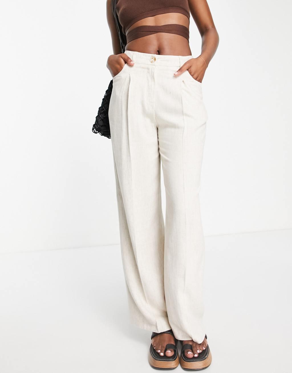 Miss Selfridge wide leg linen blend pants in stone product image