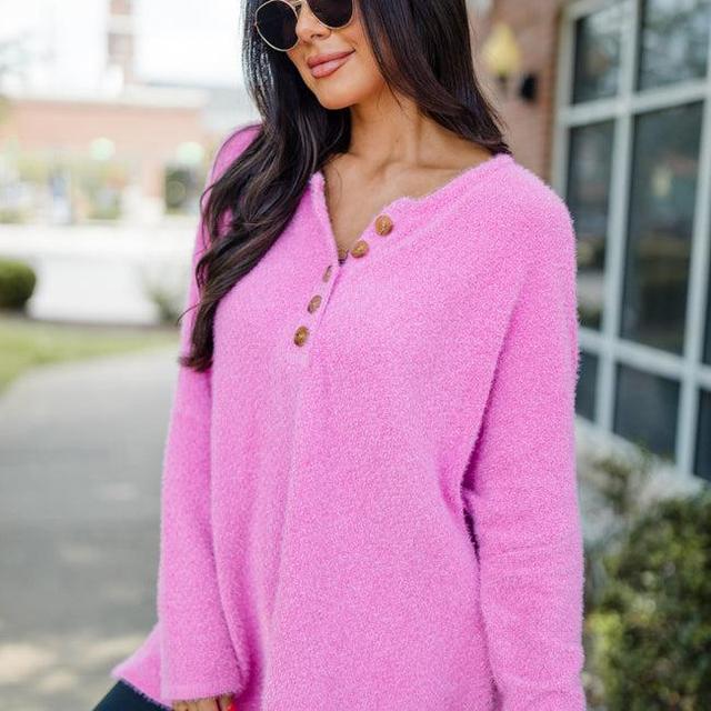 Thinking Of You Hot Pink Fuzzy Henley Sweater Product Image