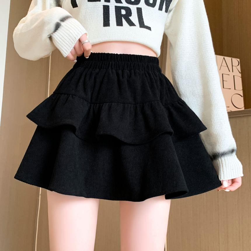 High Waist Plain Ruffle Mini A-Line Skirt Product Image