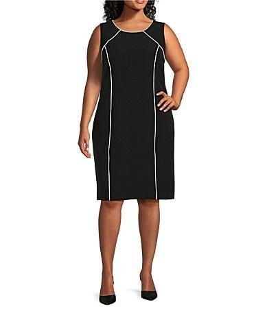 Kasper Plus Size Stretch Woven Scoop Neck Sleeveless Raglan Seam Piping Detail Knee Length Sheath Dress Product Image