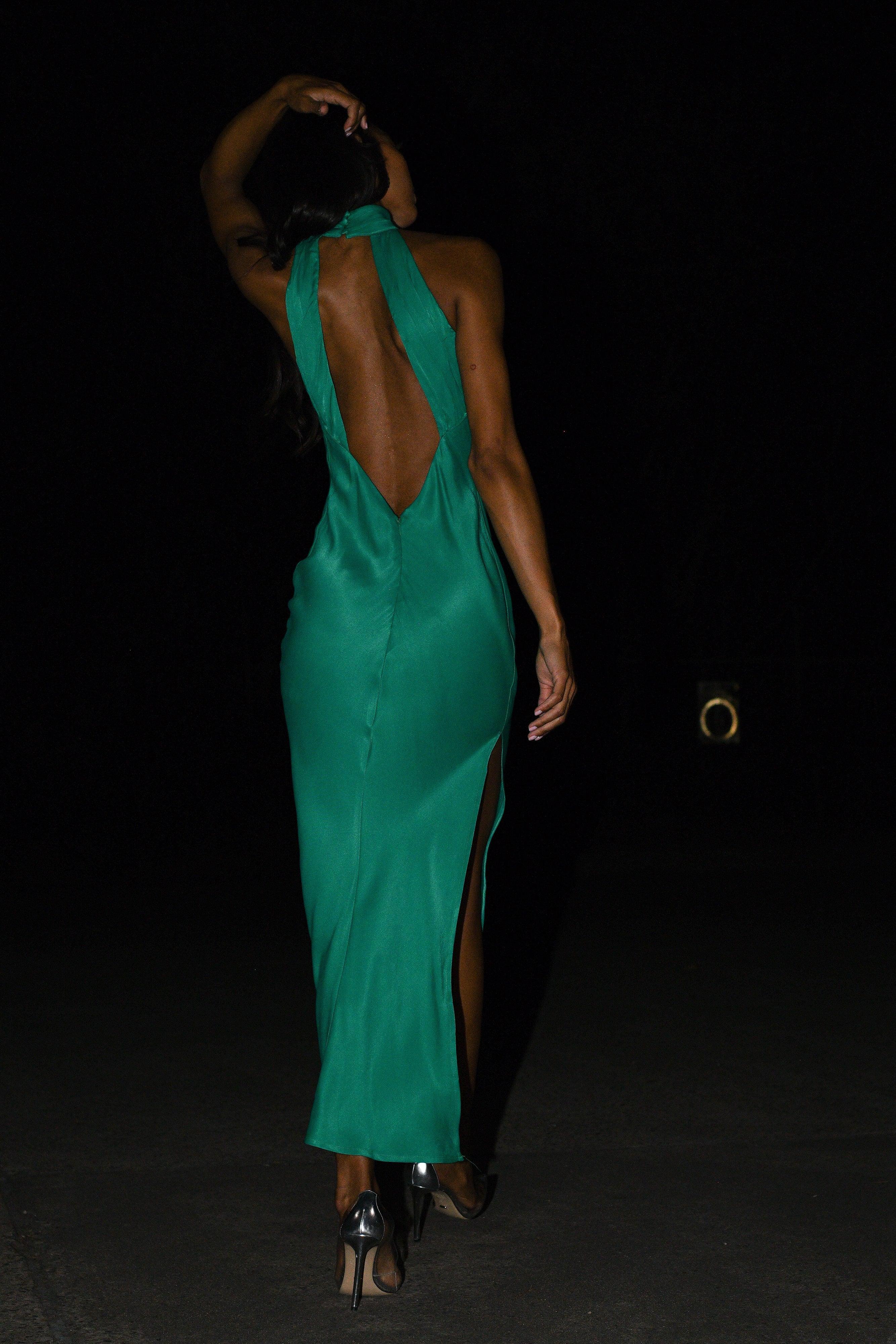 Claire Satin Drape Back Maxi Dress with Split - Green Product Image