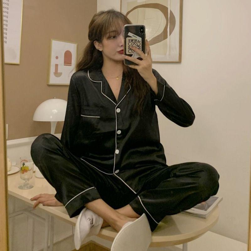 Pajama Set: Contrast Trim Shirt + Pants Product Image