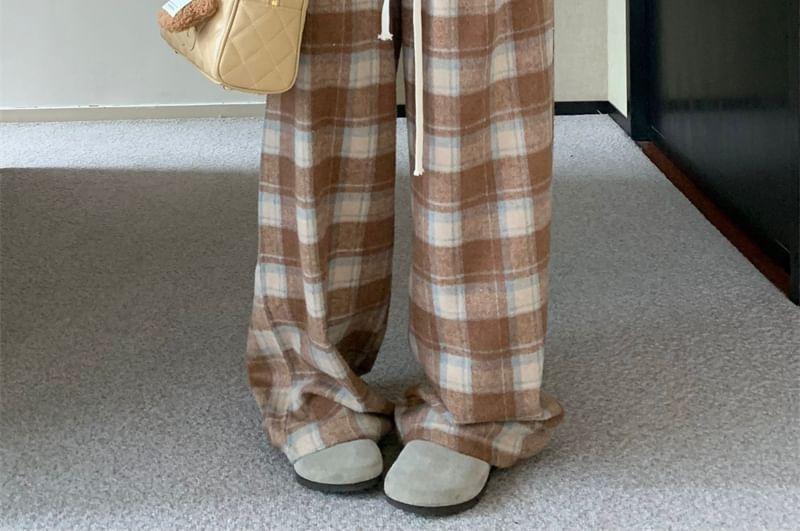 Drawstring Waist Plaid Wide Leg Pants Product Image