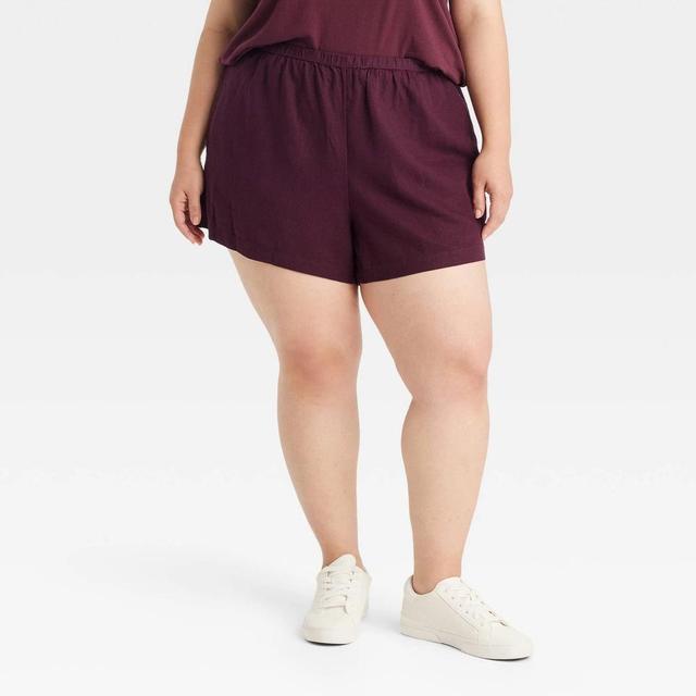 Womens High-Rise Linen Pull-On Shorts - A New Day Burgundy 1X Product Image