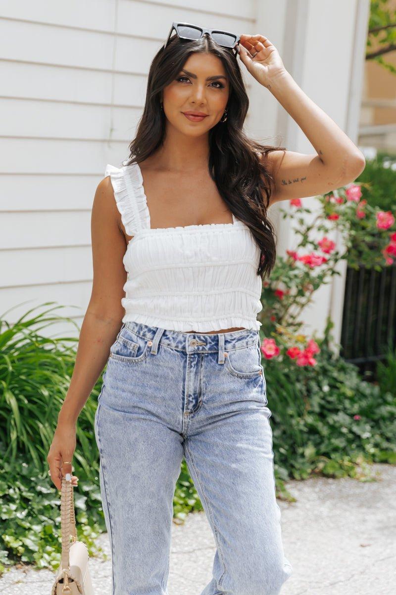 White Ruffle Smocked Tank Top - FINAL SALE Product Image