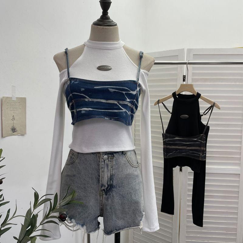 Mock Two-Piece Long-Sleeve Mock Neck Cold Shoulder Denim Panel Top Product Image