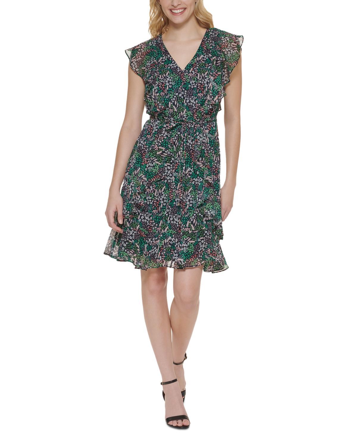 Tommy Hilfiger Womens Ruffled Floral Print Fit & Flare Dress Product Image