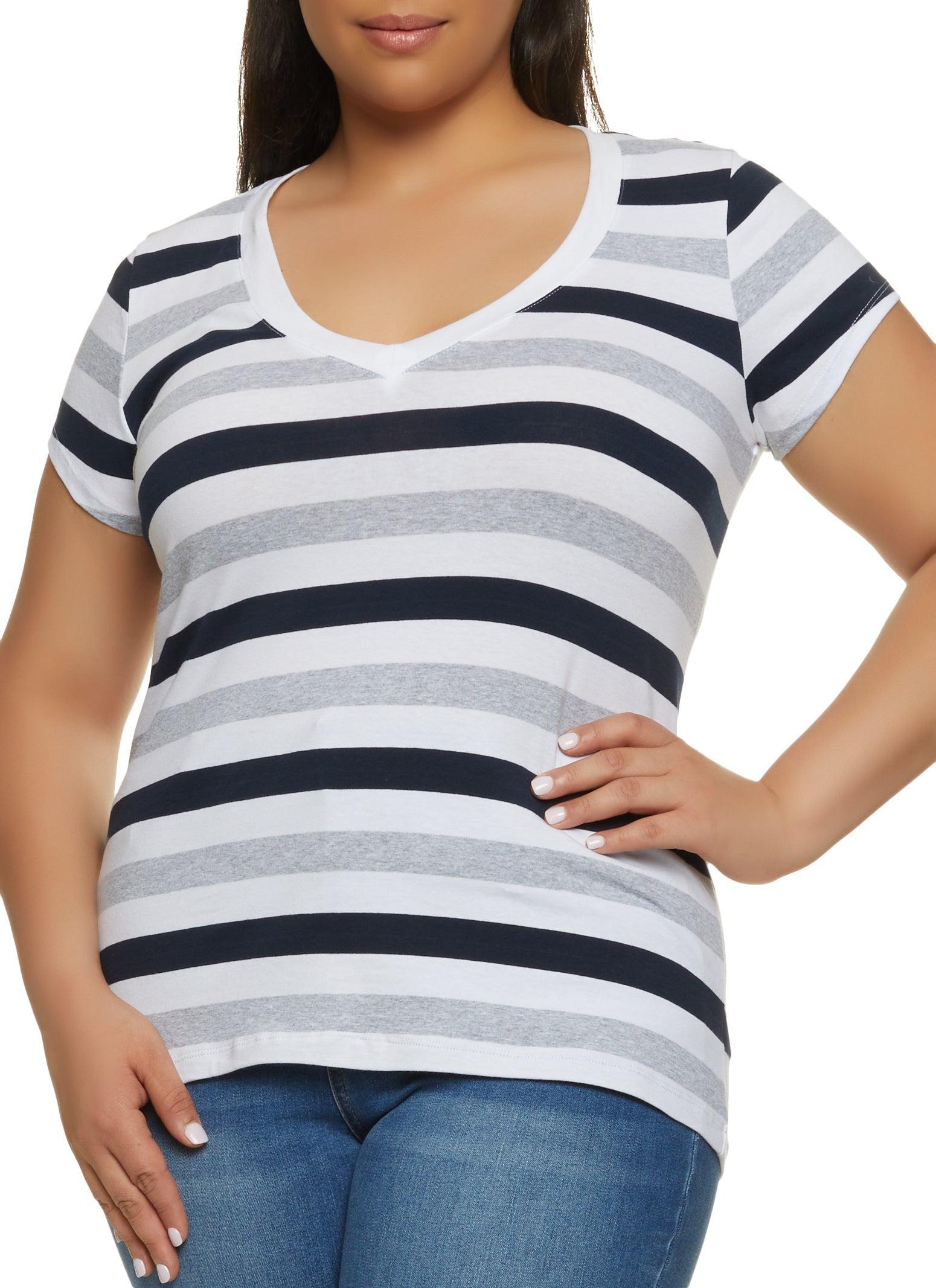 Womens Plus Size Striped V Neck Short Sleeve Tee Product Image