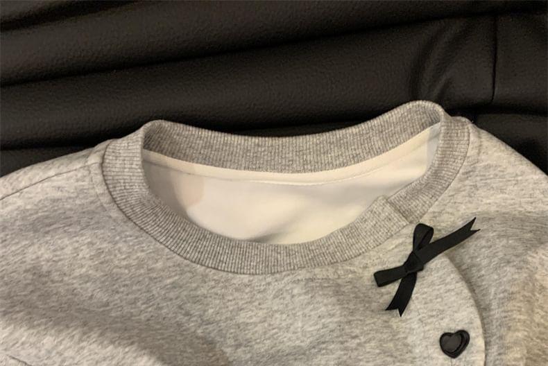 Crew Neck Plain Bow Heart Button Pullover Product Image