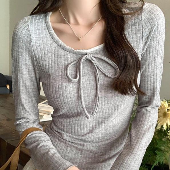 Long-Sleeve Round Neck Plain Bow Accent Frill Trim Slim Fit T-Shirt Product Image