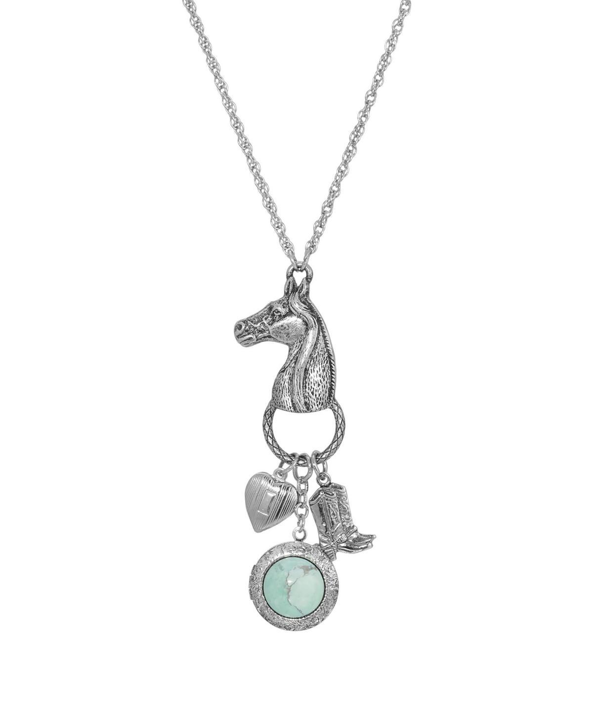 1928 Silver Tone Horse, Simulated Turquoise Medallion, Heart, & Boot Charm Necklace, Womens Product Image