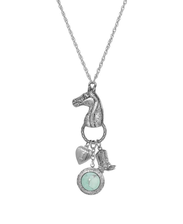 1928 Jewelry Silver Tone Turquoise Horse Head With Heart And Boot Charm Necklace Product Image