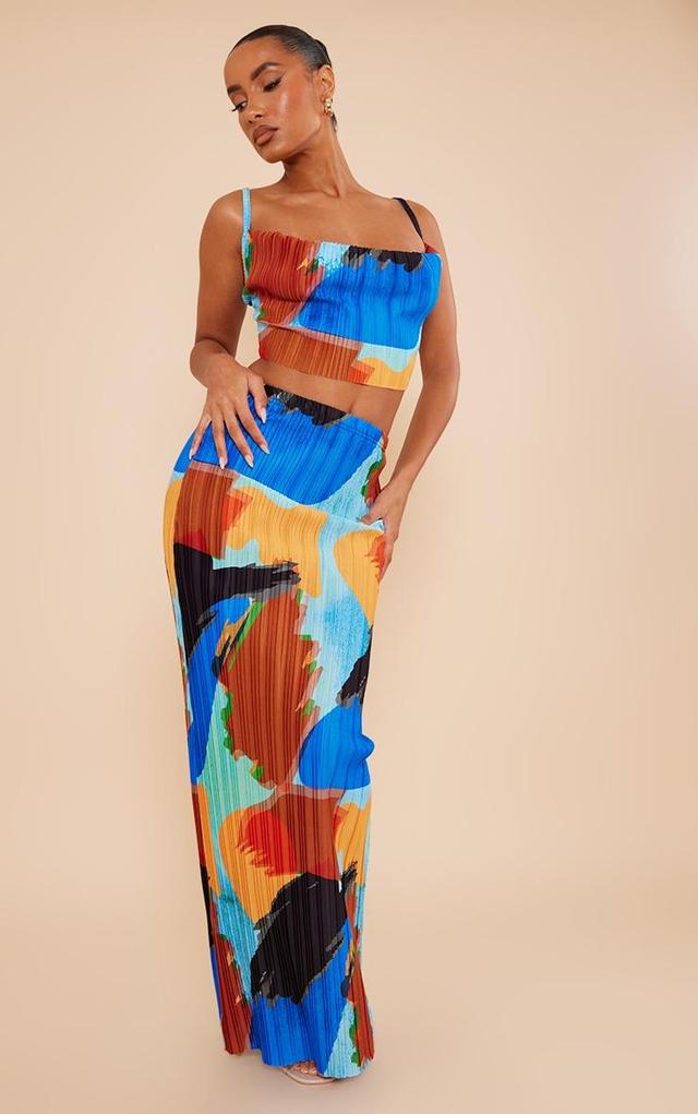 Blue Abstract Print Plisse Maxi Skirt Product Image