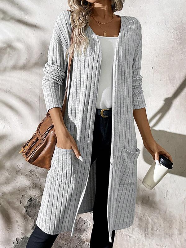 Long Sleeves Loose Pockets Solid Color Split-Joint Collarless Cardigan Tops Product Image