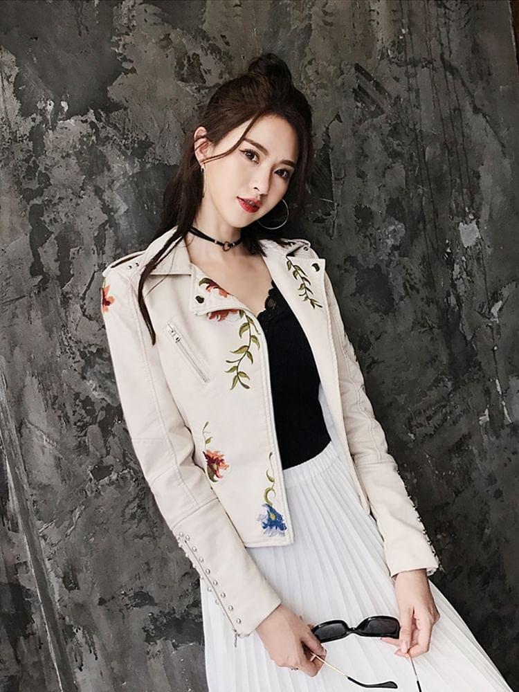 Stand Collar Embroidered Floral Print Faux Leather Biker Jacket Product Image