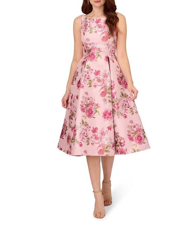 Adrianna Papell Floral Jacquard Boat Neck Sleeveless Fit and Flare Midi Dress Product Image