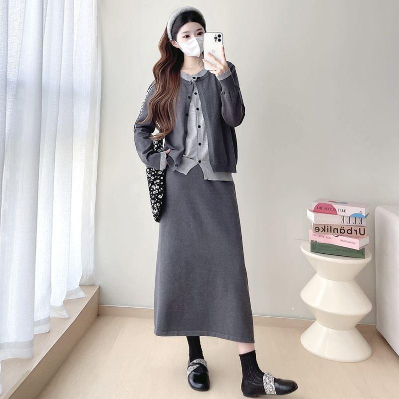 Set: Button-Up Cardigan + High Rise Maxi A-Line Skirt Product Image